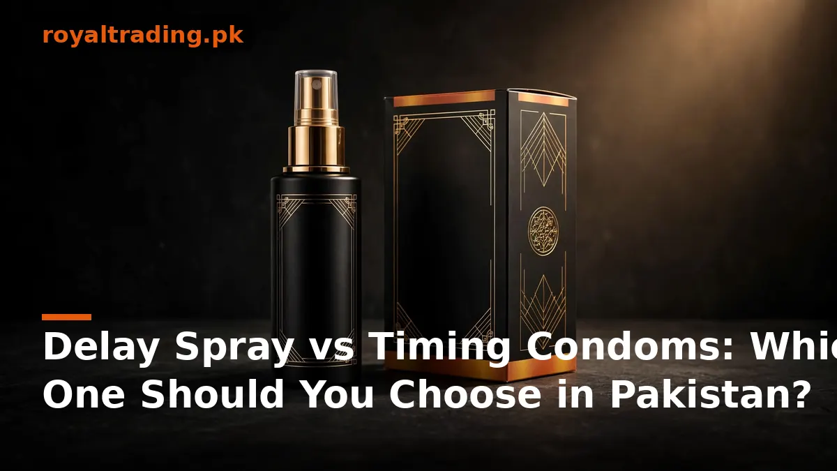 Black and gold delay spray bottle with gift box, delay spray vs timing condoms comparison Pakistan