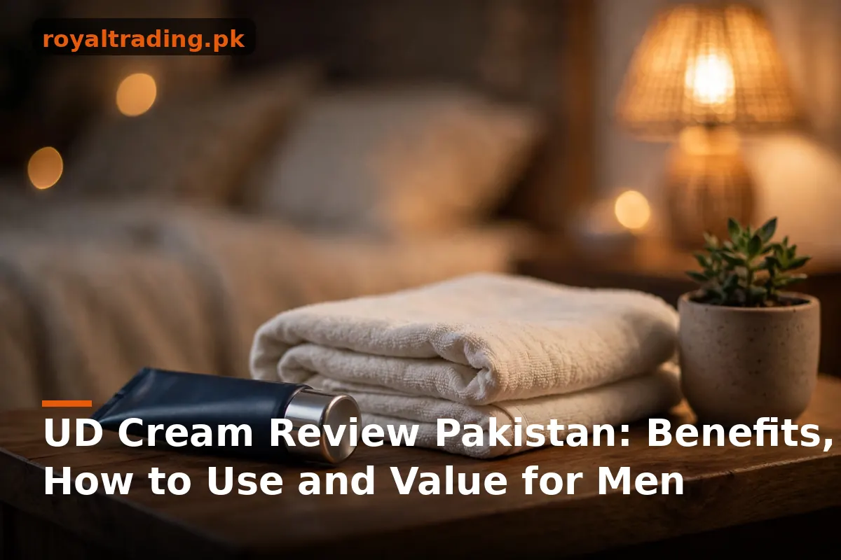 Delay cream tube on a bedside table next to a towel, UD Cream review Pakistan