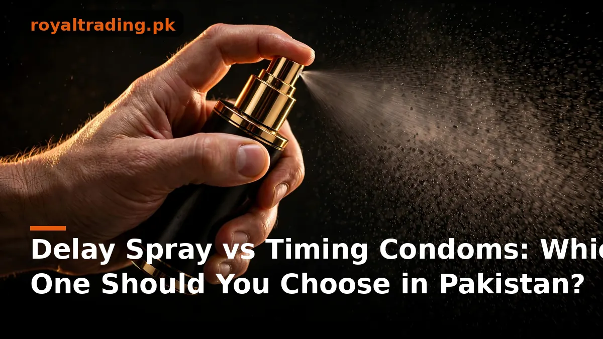 Hand applying delay spray, fine mist visible, dark studio background