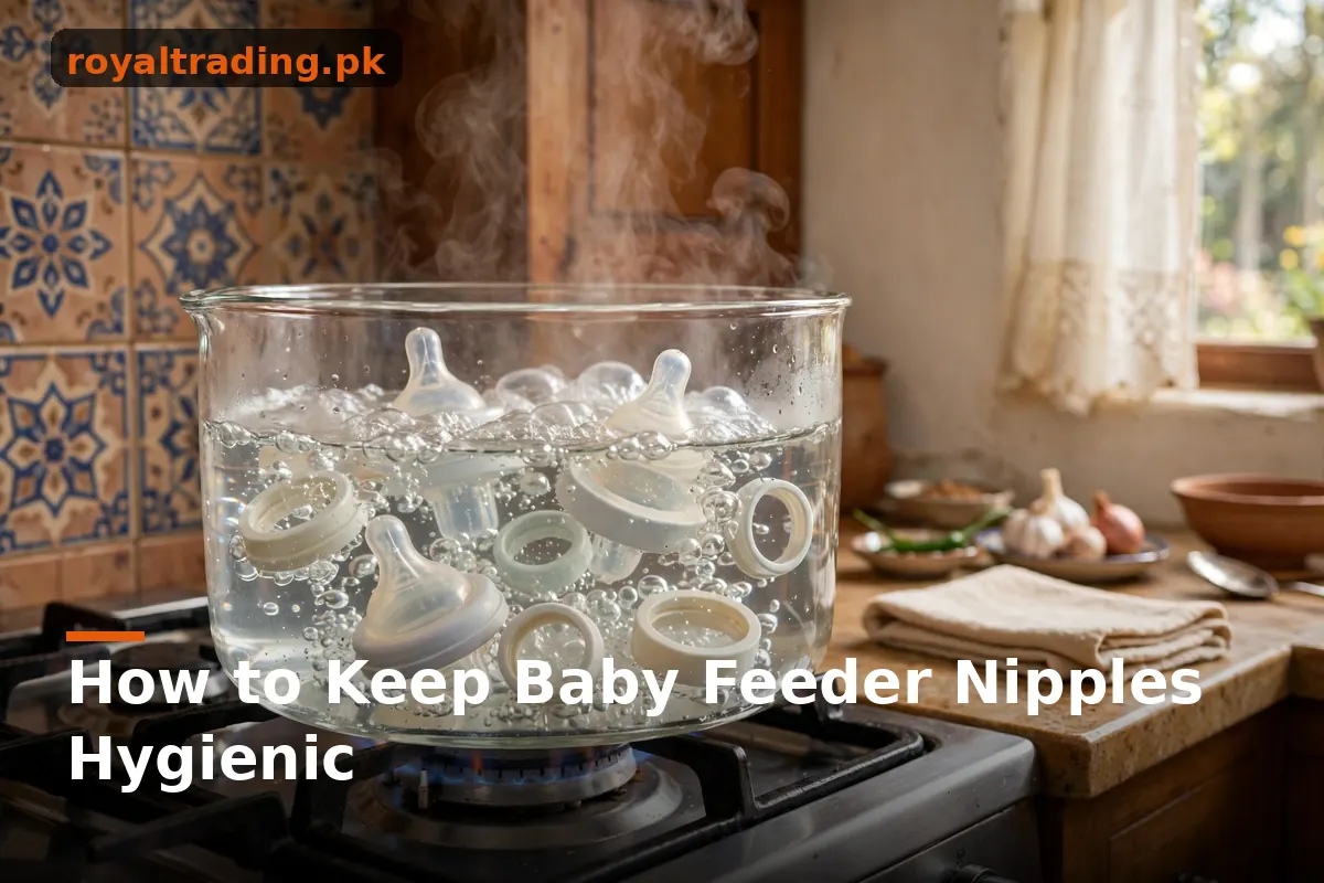 Baby bottle nipples sterilizing in a pot of boiling water on a stove